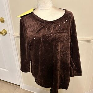 New With Tags Quacker Factory Chocolate Brown Velour Top 3/4 Sleeve Size X-LARGE